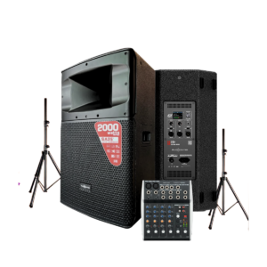 Paquete de audio Audiocenter SA315+ parlantes activos 2000W con mezcladora y parantes