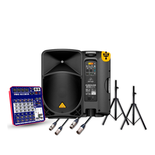 Pack B115MP3: 2 Behringer B115MP3 + 1 Mezcladora MRS 12FX + 2 Pedestales + 2 Cables XLR