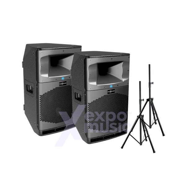 Combo Audiocenter AC SA315 de 2000W con diseño robusto y pedestales incluidos, disponible en Expomusic, tienda oficial con garantía y seguridad.