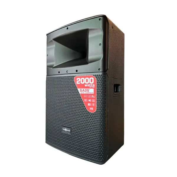 Parlante activo AudioCenter AC SA315 de 15" con amplificador integrado, disponible en Expomusic, ideal para eventos y sonido profesional.