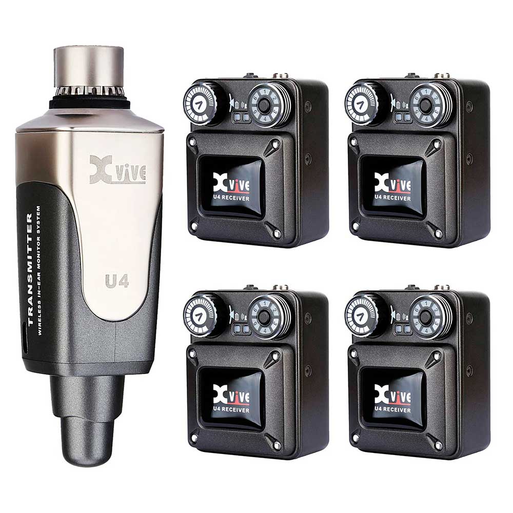 Sistema de monitoreo inalámbrico XVIVE U4R4 con 4 receptores, sonido nítido y diseño compacto, disponible en Expomusic, tienda oficial con garantía y seguridad.