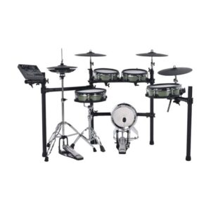 Batería electrónica Hampback ACE-750 con módulo DSP-5201, 948 sonidos, pads mesh de 12″ y 10″, 52 kits + 20 configurables, funciones multizona y estructura tipo rack.