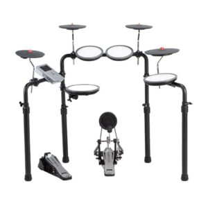 Set de batería digital Hampback MK-0 Plus mostrando pad de caja, toms, módulo y configuración general del kit.